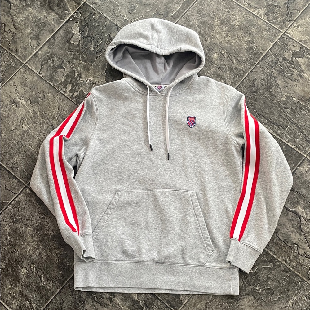 K-SWISS Men’s Gray Hoodie with Red & White Stripes & Patch | Athleisure Sporty